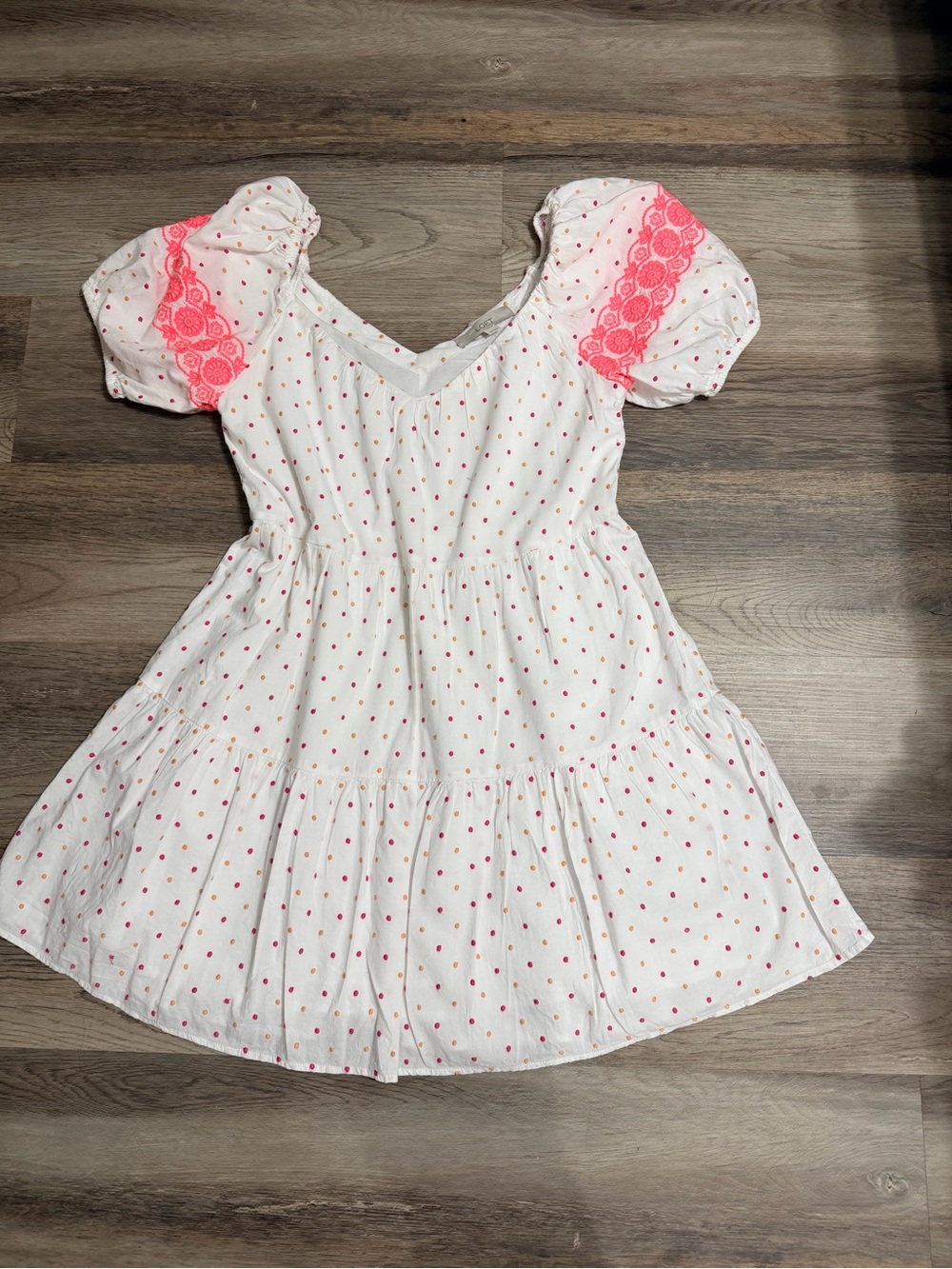 LOFT White Cotton Dress with Pink Dot Print and Neon Pink Lace Sleeves